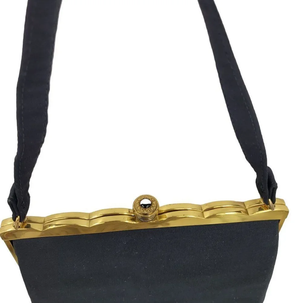 Vintage 60s Formal Evening Bag Black Gold Scalloped Trim Push Lock Clasp USA‎